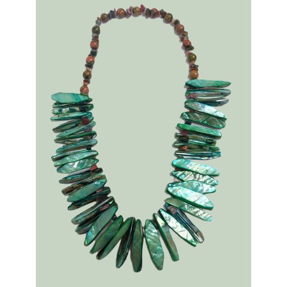 Abalone Shell Necklace Green Paua Artisan Unakite Stones Tribal Spike Statement - Picture 4 of 11